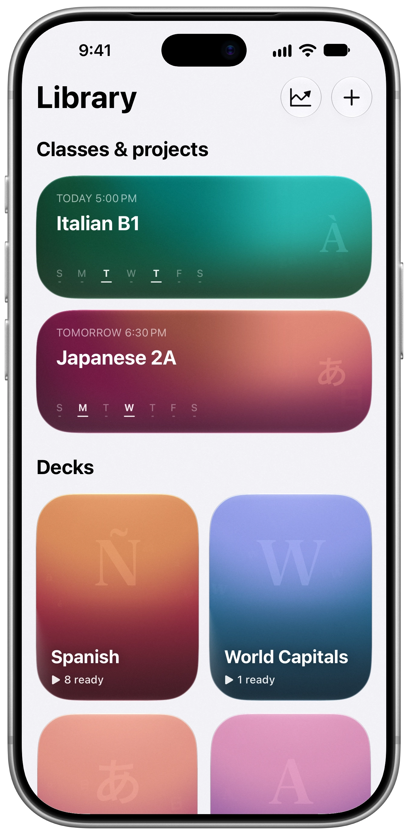 The iPhone library shows Italian B1 today at 5:00 PM and Japanese 2A tomorrow at 6:30 PM. Spanish and World Capitals decks sit below.