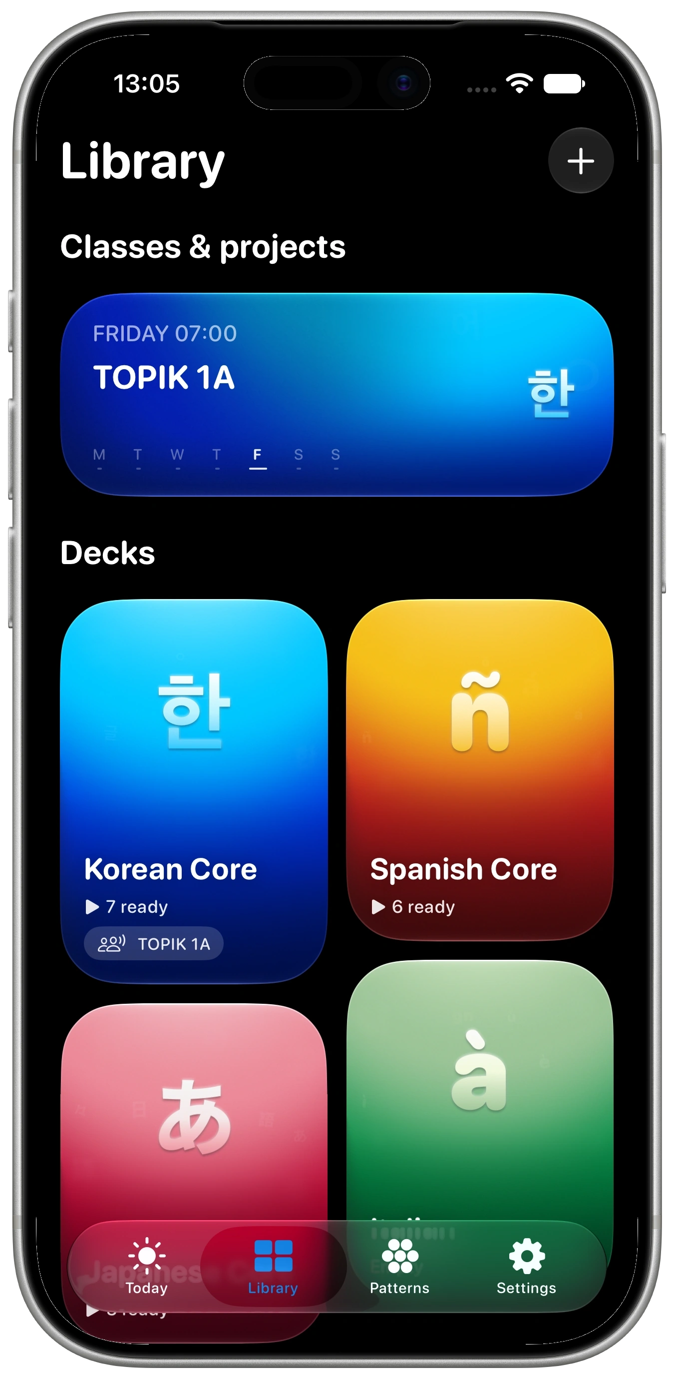 The Library screen in Breve, showing a TOPIK 1A class above Korean, Spanish, Japanese, and Swedish decks.