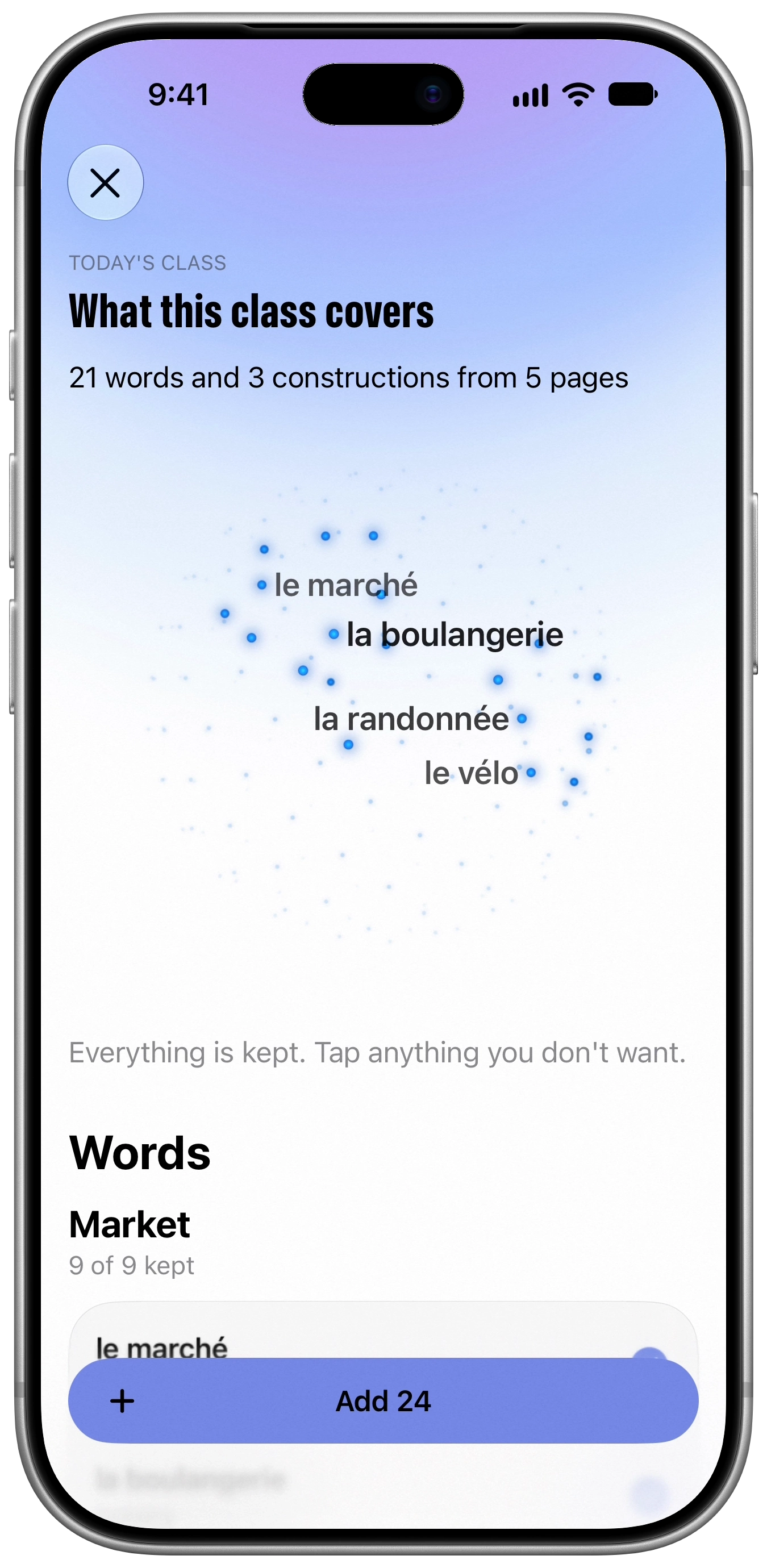 Breve reads a French class's handout. Words including le marché, la boulangerie and se promener gather on a globe as pages are read and checked. The class coverage page then shows 21 words and 3 constructions from 5 pages. It scrolls through market words to the near future lesson. An Add 24 button sits below.