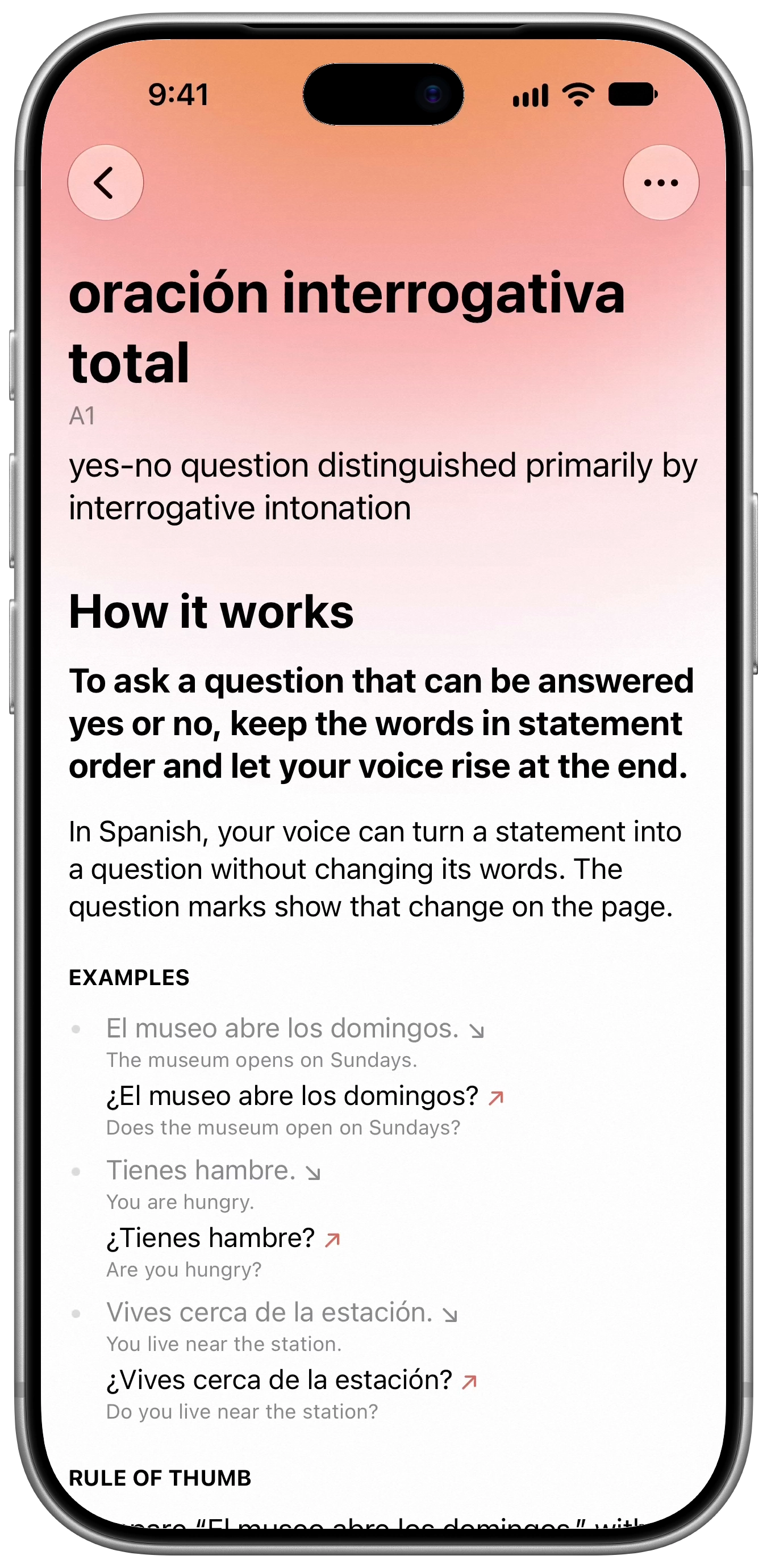 A Spanish lesson on yes-or-no questions scrolls through three sentence pairs, then back. Each statement has a falling arrow. The same words as a question have a rising arrow.