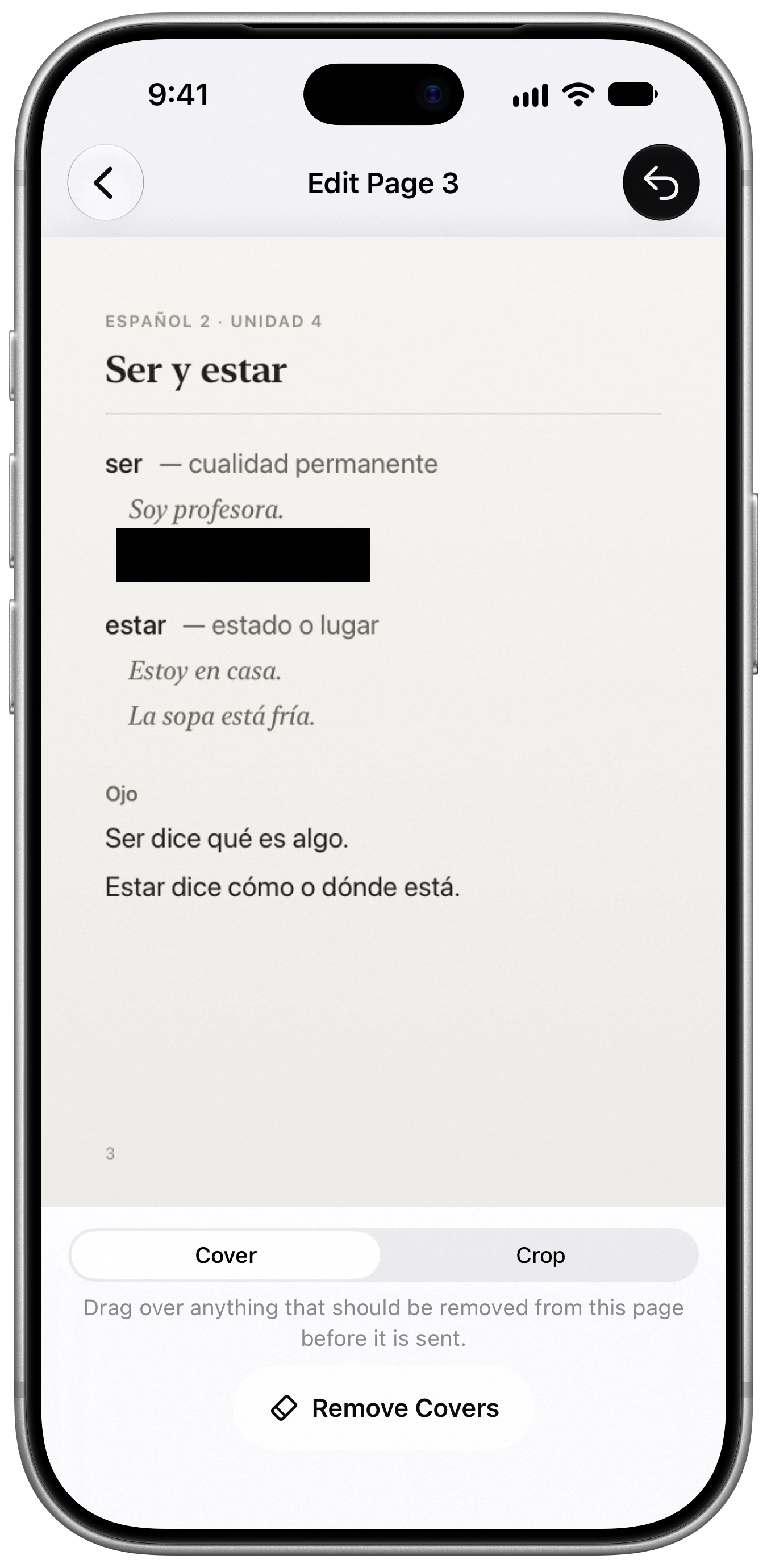 A page about ser and estar is being edited before sending. A black cover hides one line.