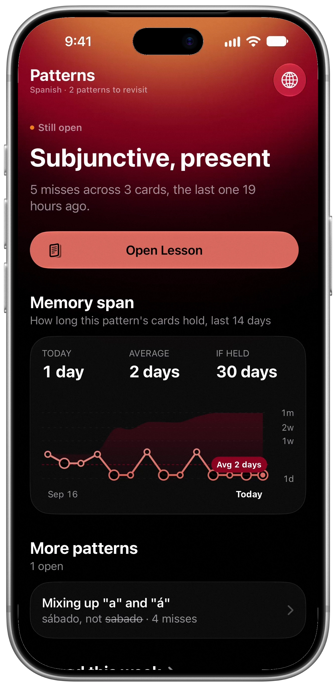 The Spanish Patterns screen shows the present subjunctive with five misses across three cards. It scrolls through memory span, the cards the pattern touches, the again rate, strength and rhythm, then back.