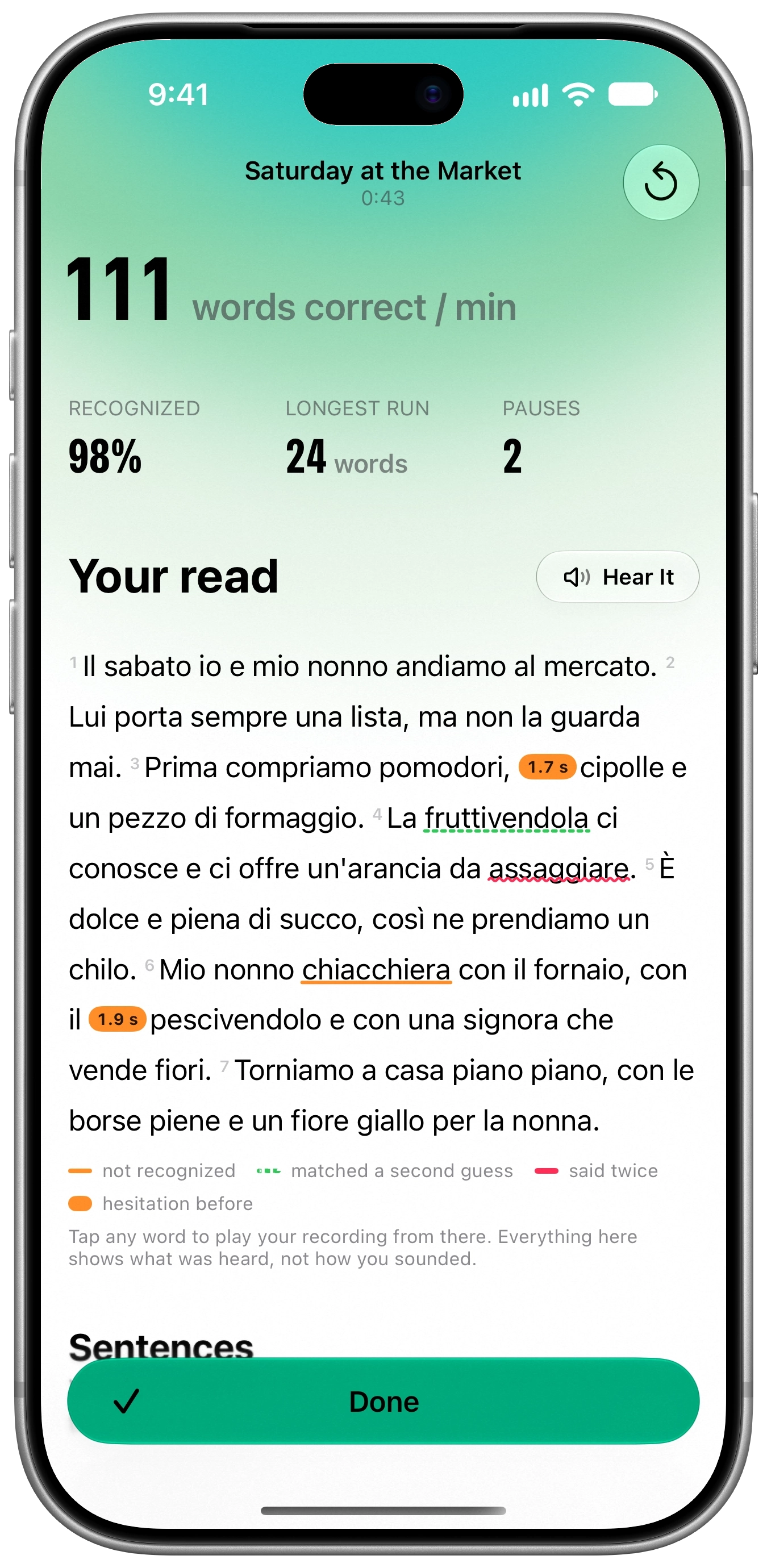 Results for the Italian passage Saturday at the Market show 111 words correct per minute, 98% recognized, a longest run of 24 words and 2 pauses. The passage marks chiacchiera as not recognized, fruttivendola as a second guess and assaggiare as said twice. Pauses before cipolle and pescivendolo lasted 1.7 and 1.9 seconds.