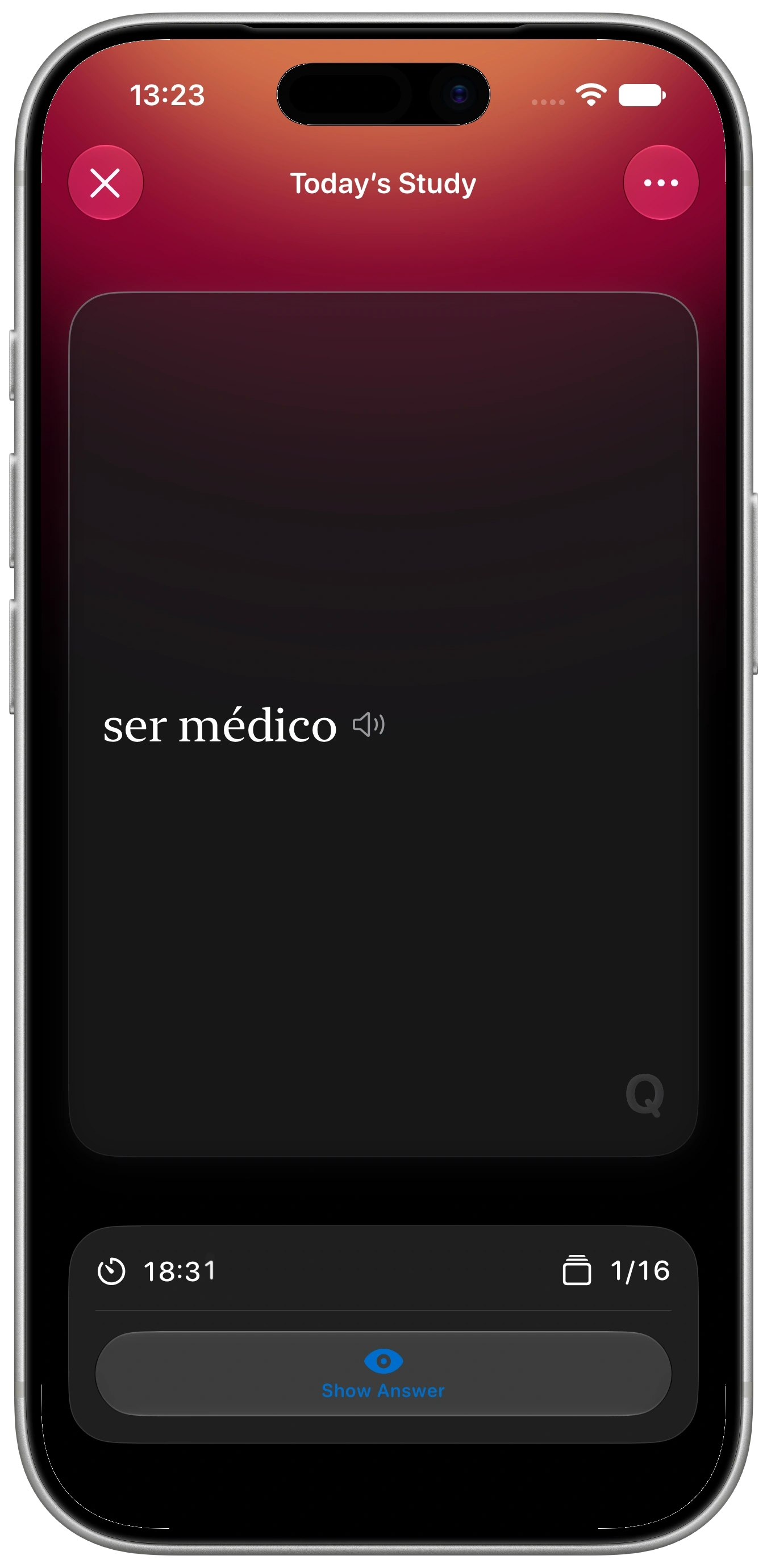 A review card in Breve showing the Spanish phrase ser medico, one of sixteen in the day's session.