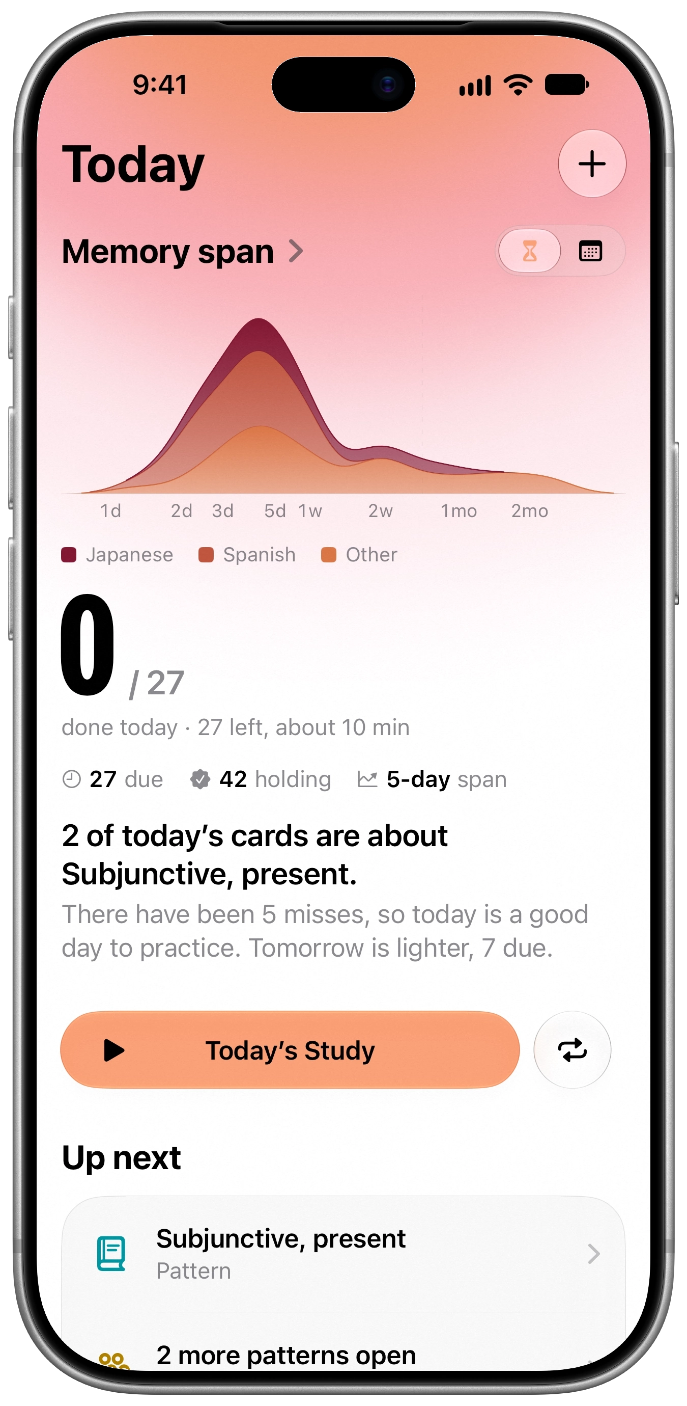 The Today screen shows a memory span chart for Japanese, Spanish and other decks. There are 27 cards planned for about ten minutes. Two of today's cards are about the Spanish present subjunctive.